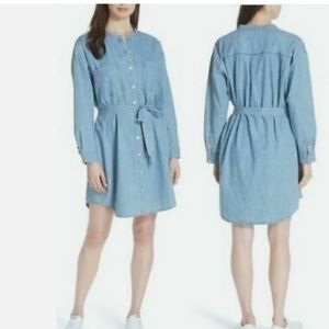 EILEEN FISHER Org Cotton Denim Mandarin Collar Dress EUC